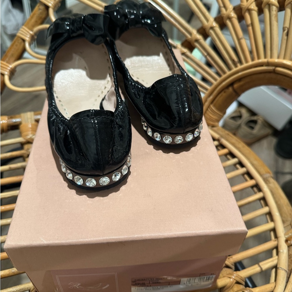 Miu Miu Black Flats with Rhinestone Accents